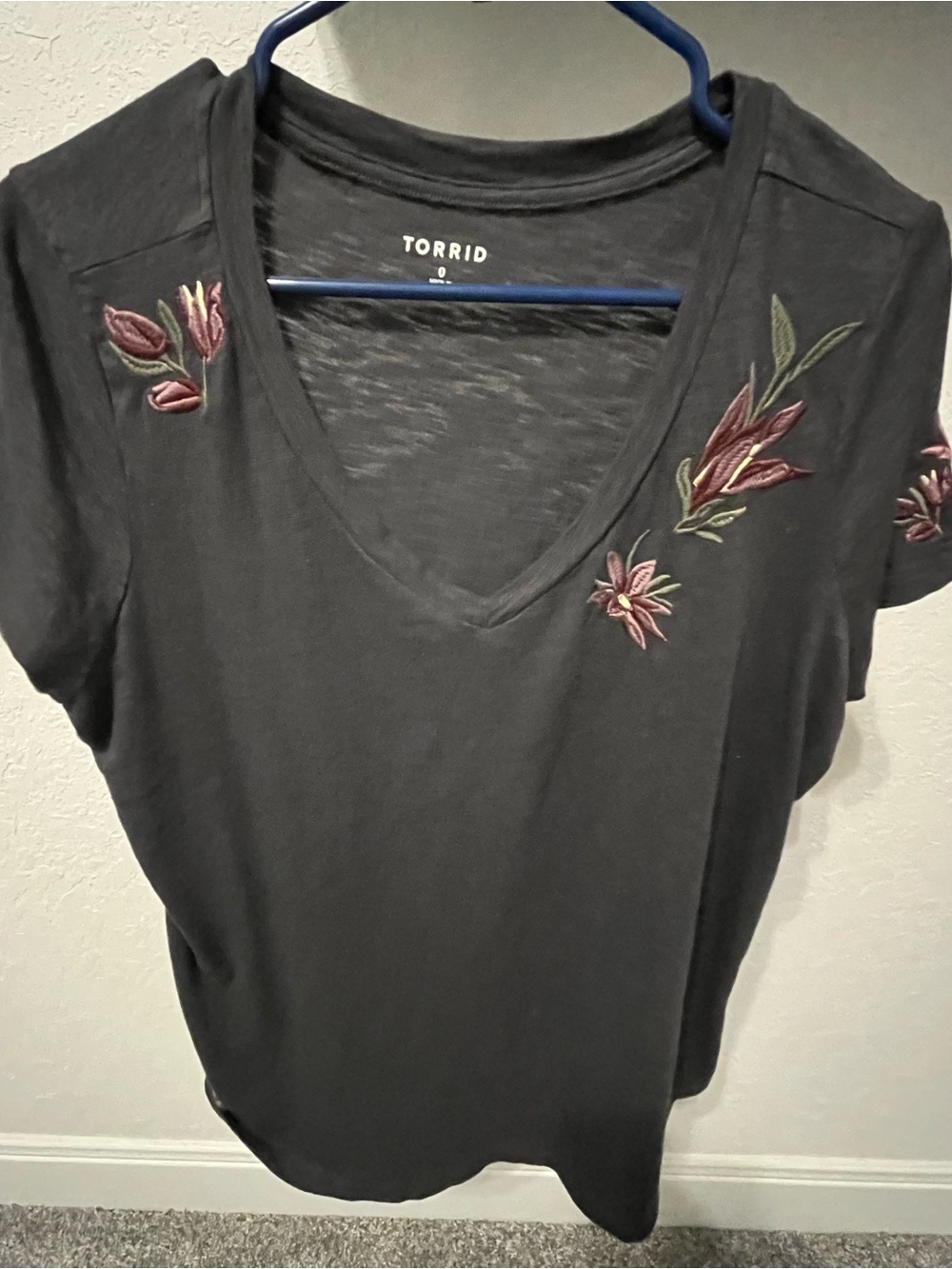 torrid Black V-Neck Tee with Pink Floral Embroidery